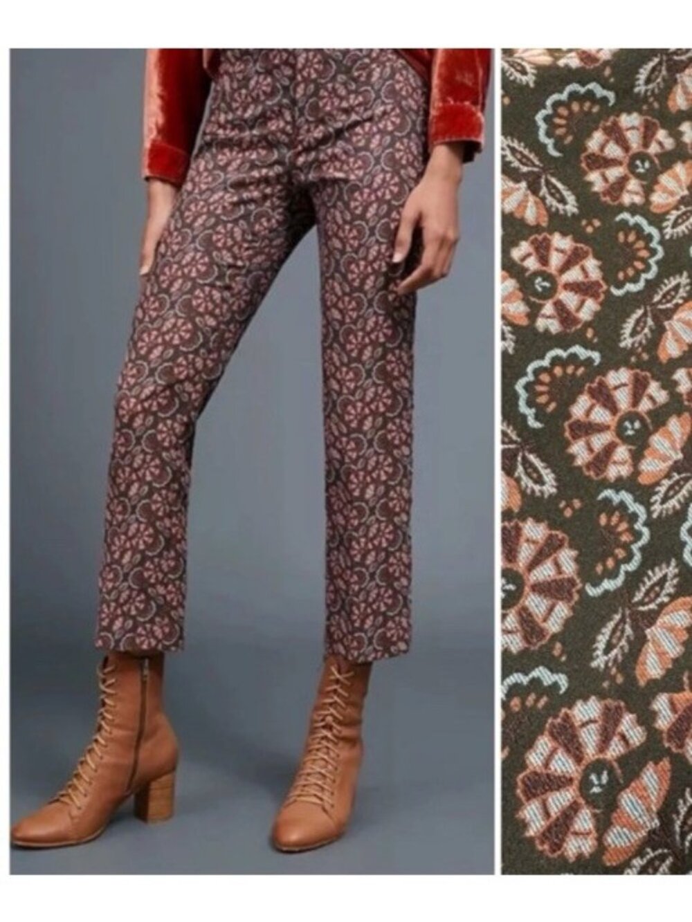 Anthropologie Brown Floral Brocade Slim Straight Pants 2 Dark Romantic Academia